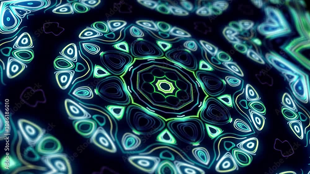Poster 4k abstract looped bg with flashing lines pattern like symmetrical radial ornament on plane like lig
