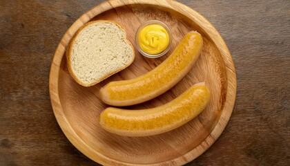 Two Frankfurter sausages on a rustic wooden plate, served with mustard and a slice of farmhouse bread.
