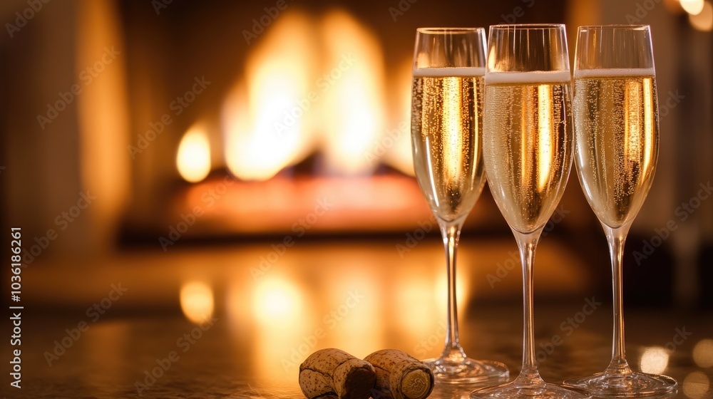 Aufkleber champagne glasses rest on a table in front of a glowing fireplace creating a warm and inviting atmos