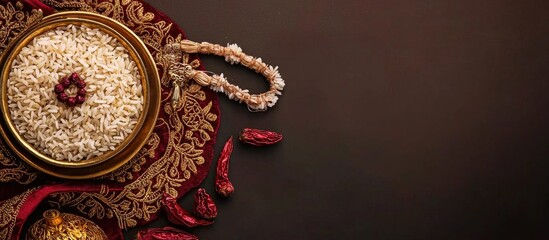 Obraz premium A Rakhi With Rice Grains And Kumkum Raksha Bandhan Festival Indian Festival Background