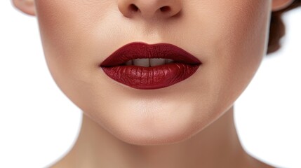 Naklejka premium Lips With Red Cherry Marsala Lipstick Of Young Model Woman On White Background Beauty Skin Care Style