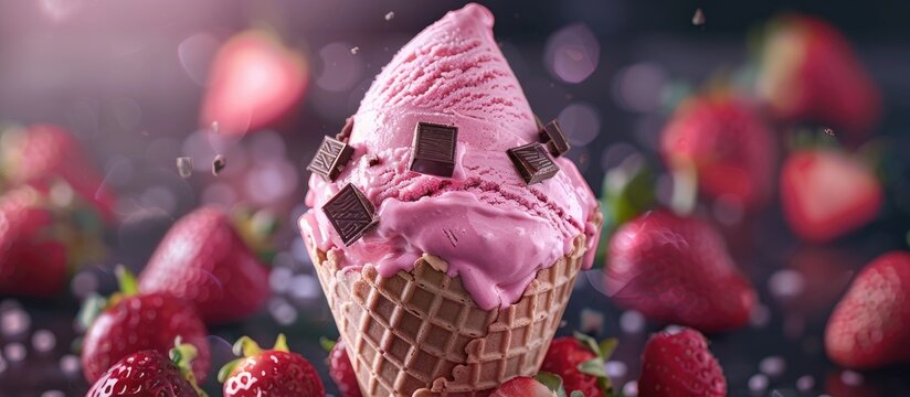 Strawberry Nice Cream In Icecream Cone With Chocolate Springle