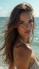 Naklejka premium A brunette woman in a swimsuit gazes back while standing near the shoreline. Gentle sea waves lap at her feet under a clear blue sky. Long hair, beautiful young face. Travel and clothing adverts. AI