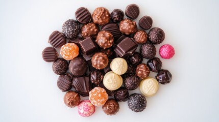 Obraz premium Assorted chocolate coated candies piled on a white surface
