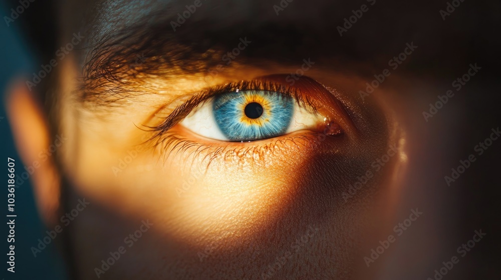 Poster close up of a man s blue eye illuminated by a soft beam of light creating a striking focal point in 