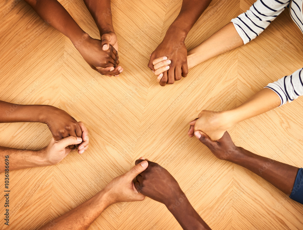 Poster holding hands, business and people with support in office of problem solving, collaboration and crea