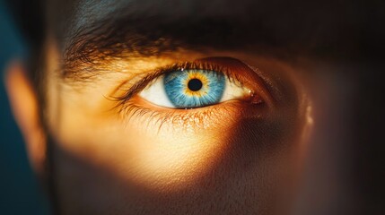 Close up of a man s blue eye illuminated by a soft beam of light creating a striking focal point in the image