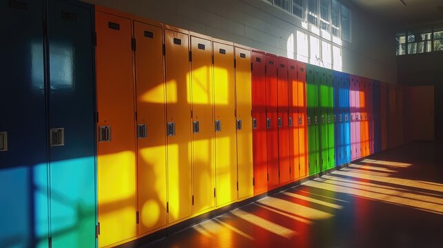 Sunlight illuminating vibrant colorful lockers in an empty gymnasium on the first day of class