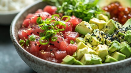 Tuna and Avocado Poke Bowl with Fresh Ingredients