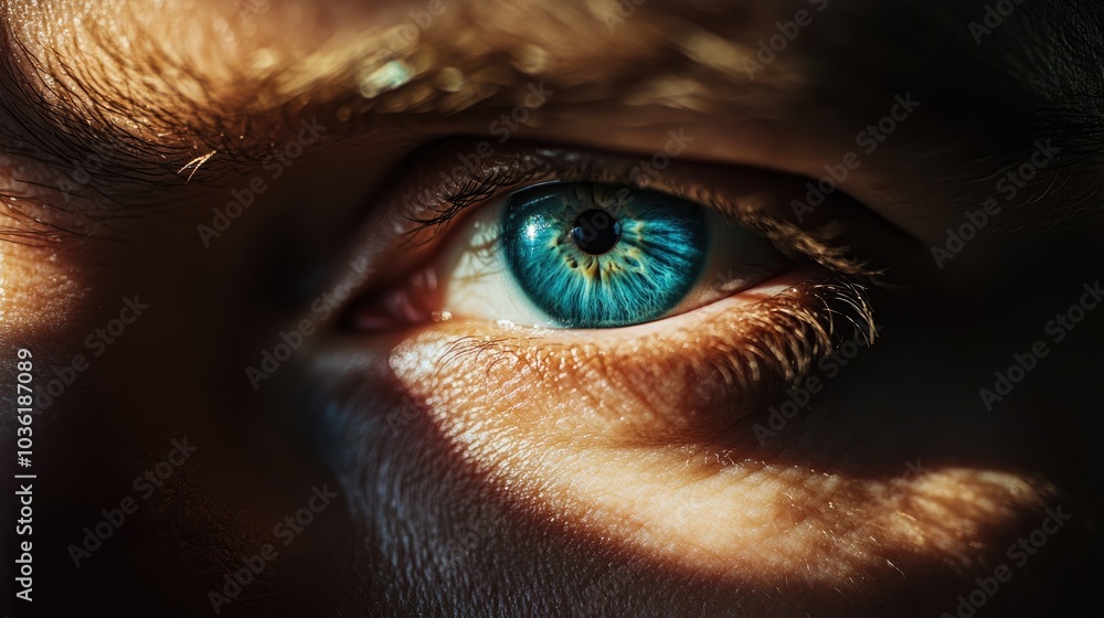 Poster close up of a man s blue eye illuminated by a soft beam of light creating a striking focal point in 
