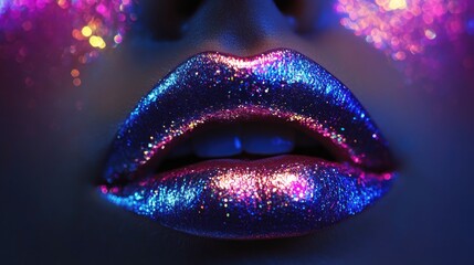 Shimmering lips adorned with reflective vibrant lipstick