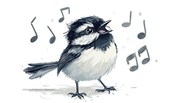 recommend clip art:  A black-and-white bird emits musical notes from its beak, eyes wide open, perched against a white backdrop