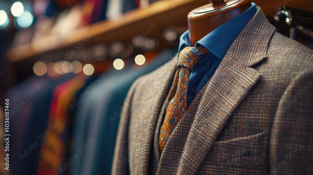 Wall mural close up of a tailored suit and tie display in a men s clothing store representing the essence of pr