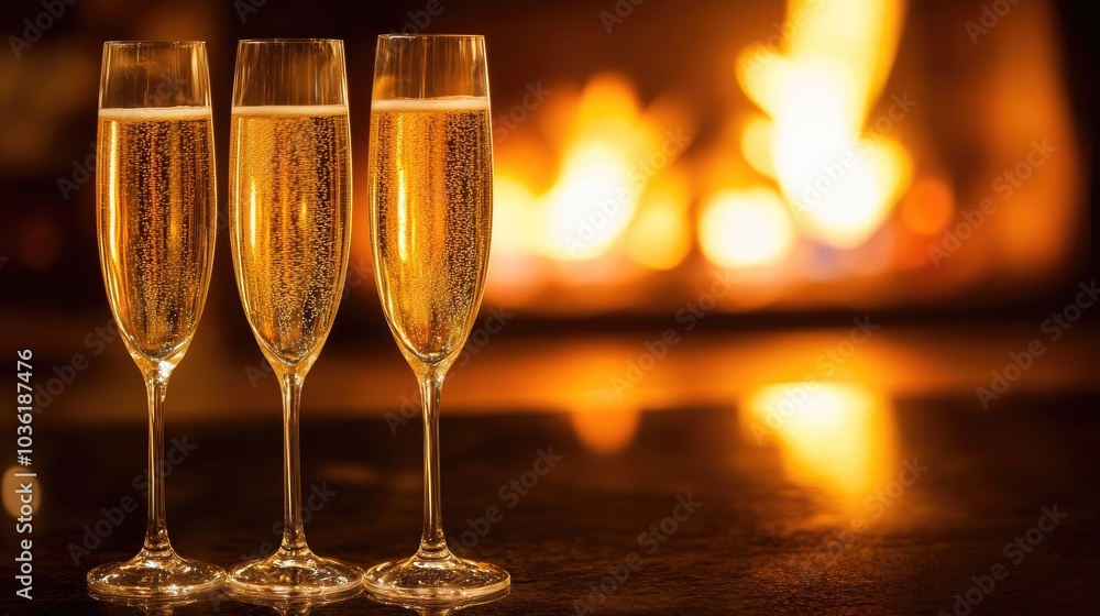 Poster champagne glasses rest on a table in front of a glowing fireplace creating a warm and inviting atmos