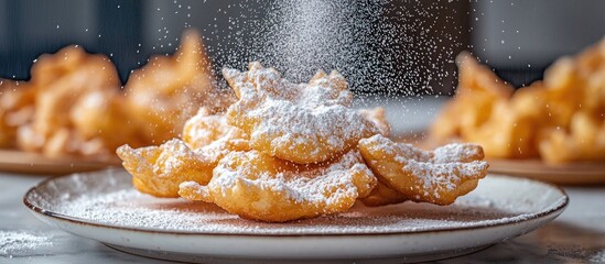 Italian Frappe Or Chiacchiere Typical Carnival Fritters Dusted With Powdered Sugar On Marble Table With Free Text Space