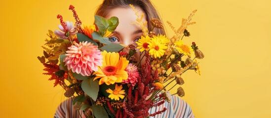 Woman With A Bouquet Of Flowers Holiday Autumn Yellow Background Place Free