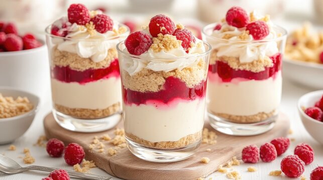 Layered dessert in glasses featuring red berries cookie crumbs and creamy cheesecake