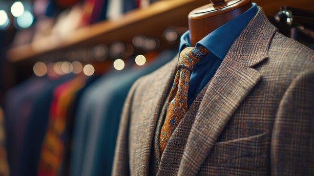 Close up of a tailored suit and tie display in a men s clothing store representing the essence of professional sophistication