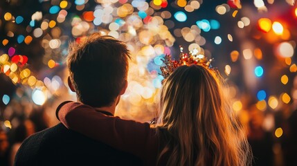 Couple celebrating the countdown to the New Year amidst a festive atmosphere