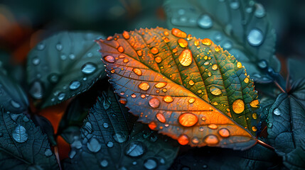 close up of a colorful leaf with drops  Generated AI 