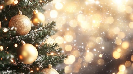 Obraz premium Christmas tree adorned with golden ornaments and soft bokeh lights in the background