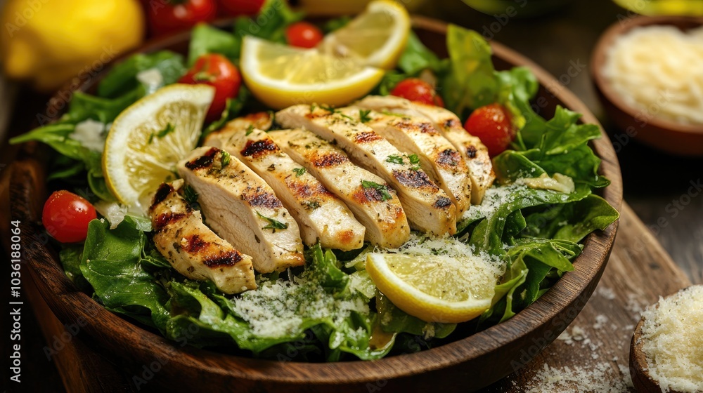 Poster grilled chicken caesar salad garnished with parmesan and lemon slices displayed on a rustic wooden t
