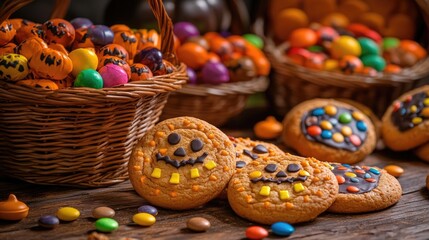 Fototapeta premium Spooky Halloween cookies alongside baskets overflowing with colorful candies