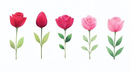 Obraz premium Watercolor pink and red roses, floral art, romantic flower illustrations, green stems, natural leaves, minimalistic floral design, elegant bouquet, artistic set, copy space.