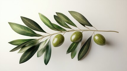 Green olives and leaves on an isolated olive branch rendered in 3D for design and decorative purposes