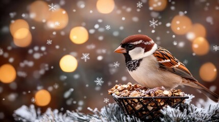 Obraz premium A colorful bird enjoys food on an iron birdhouse while snowflakes fall softly in a serene winter forest