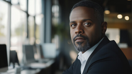 Fototapeta premium A confident African American businessman looks directly at the camera, seated in a modern office setting