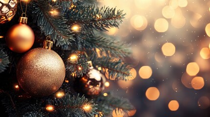 A close up of an elegantly decorated festive fir tree featuring golden ornaments and shimmering lights set against a softly blurred backdrop