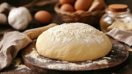 Fototapeta premium Freshly made yeast dough for nutritious homemade bread displayed on a dark brown wooden surface