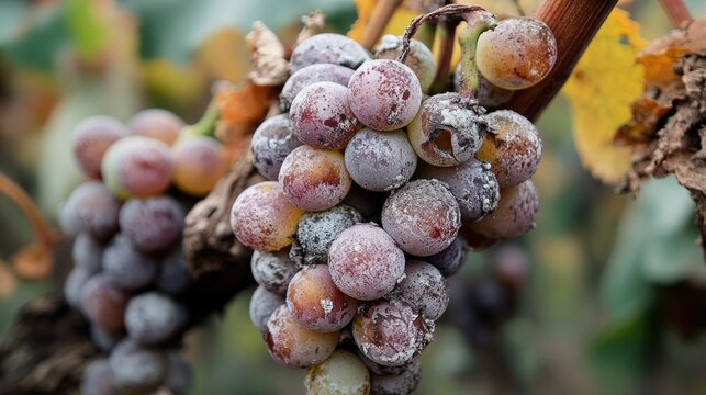 Grapes on the vine deteriorate and decay as a result of white mold and mildew