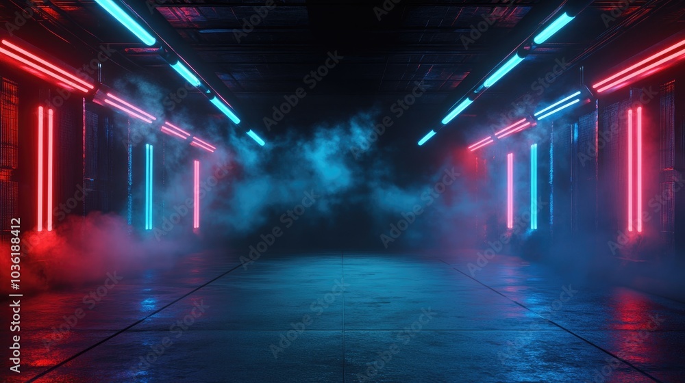 Poster futuristic neon stage backdrop featuring an empty dark space illuminated by blue and red lights with
