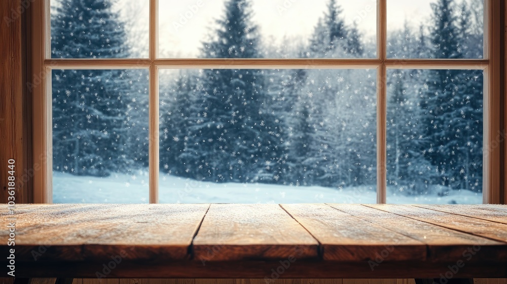 Poster wooden table in front of a window highlights a snowy forest view high quality image