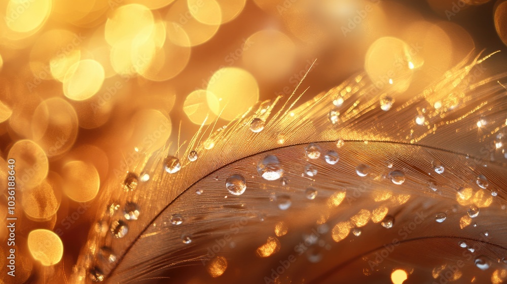 Poster close up macro of dew drops on a fluffy feather enhanced by sparkling bokeh against a blurred golden