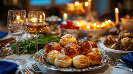 Fototapeta premium Elegant hanukkah dinner table setting with latkes, wine glasses, and menorah candles celebration