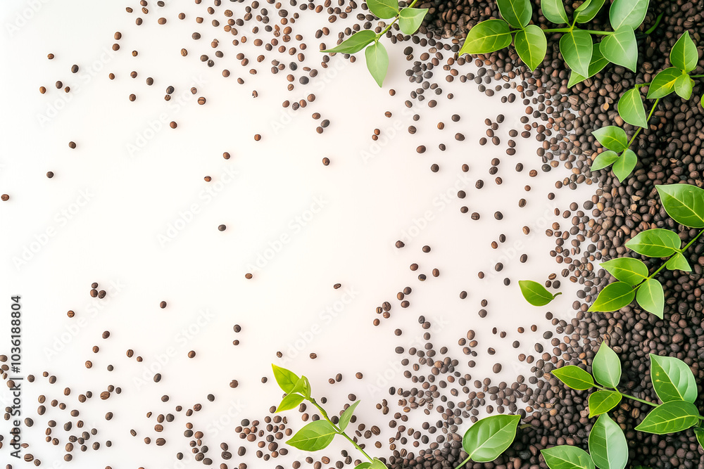 Poster a tranquil arrangement features an array of small seeds artistically scattered across a light surfac