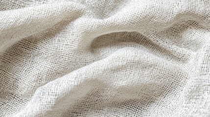 Woven burlap texture background featuring white cotton fabric ideal for showcasing designs with ample copy space