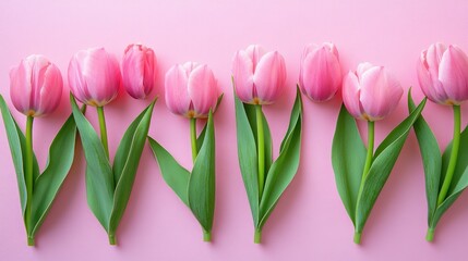 Fototapeta premium Pink tulip flowers in a flat lay composition for a spring backdrop featuring ample clean space for text Perfect for greetings and celebrations