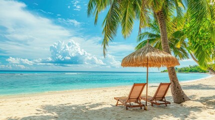 Inspirational Tropical Landscape Sunny Beach With Palm Trees Chairs Umbrella On The Sandy Beach Near The Sea Summer Holiday And Vacation Concept For Tourism Photo For Background Or Postcard