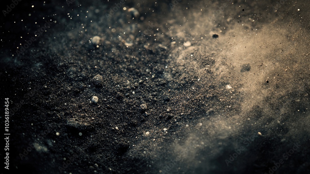 Poster utilizing soil texture overlays to create a grunge and retro appearance featuring abstract dust part