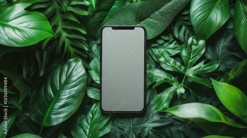 Poster top view of a phone mockup surrounded by a green plant featuring a flat lay design with ample copy s