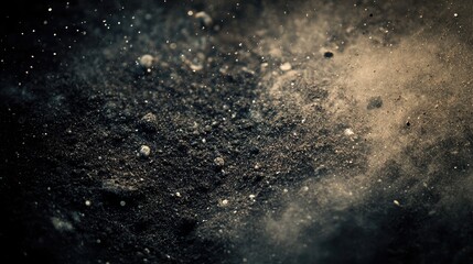 Utilizing soil texture overlays to create a grunge and retro appearance featuring abstract dust particles and grainy texture on a dark backdrop for a vintage effect