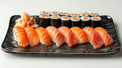 Beautifully arranged sushi assortment including eel nigiri and fresh sashimi on a modern black plate against a white backdrop