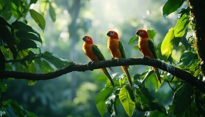 Three vibrant tropical birds perched on a branch in a lush green rainforest setting