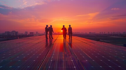 Fototapeta premium Early morning rooftop scene with technicians setting up solar panels. Green energy focus