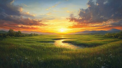 Fototapeta premium Serene Sunset Above Verdant Meadow