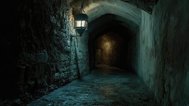 Mysterious underground passage in a dimly lit basement resembling a frightening dungeon or sewer